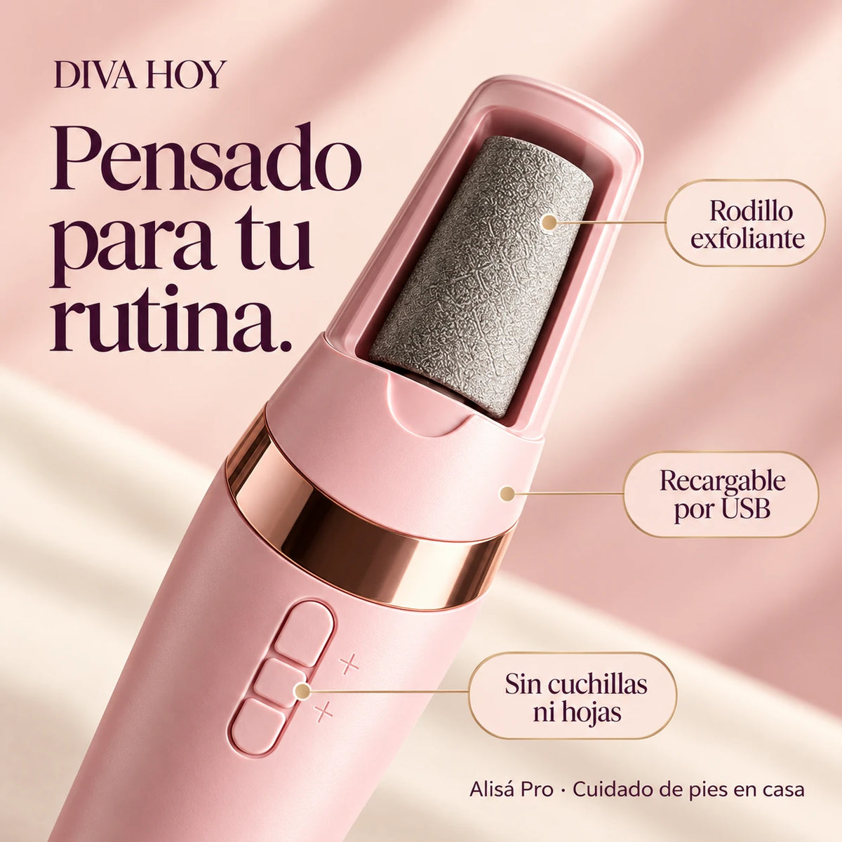 Detalle de Alisá Pro: rodillo exfoliante, recarga USB y diseño sin cuchillas