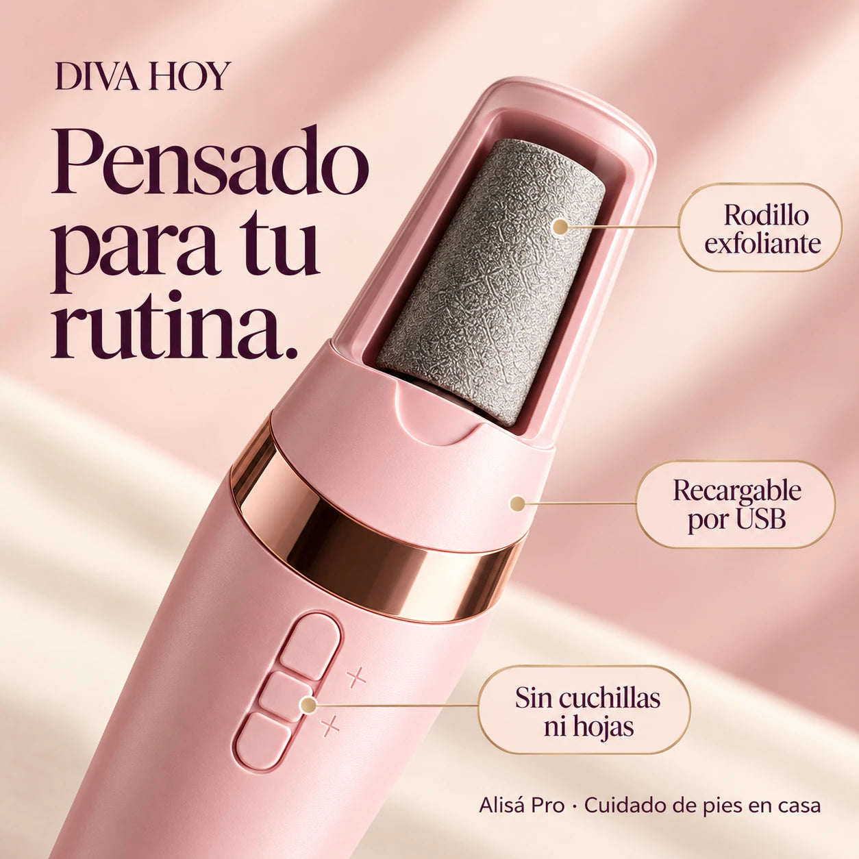Detalle de Alisá Pro: rodillo exfoliante, recarga USB y diseño sin cuchillas